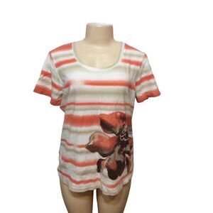 Hanna Short Sleeve Top With Flower Large Coral And Tan Cotton And Spandex